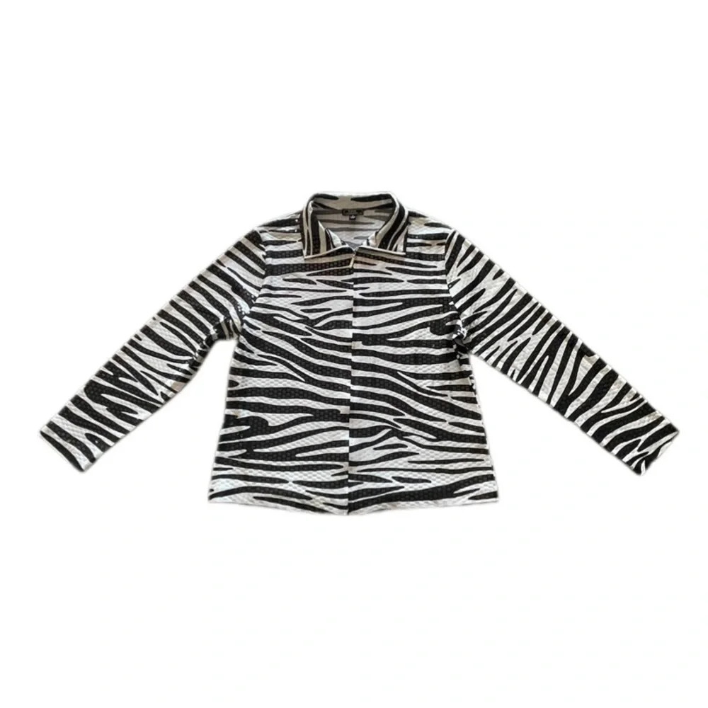 Lisa International Zebra Print Shiny Square Full Zip Collared Jacket Women’s M